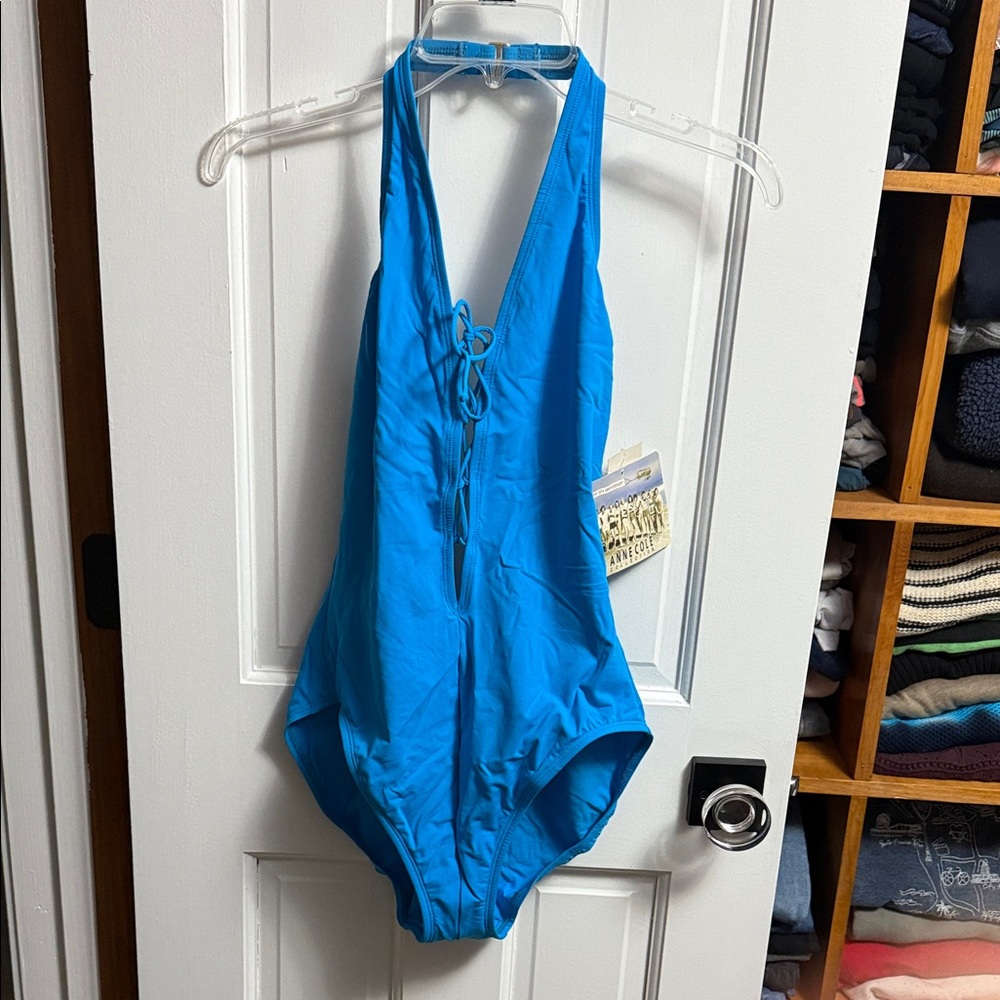 ANNE COLE COLLECTION ALMALFI BLUE HALTER SWIMSUIT LARGE 14 NWT!